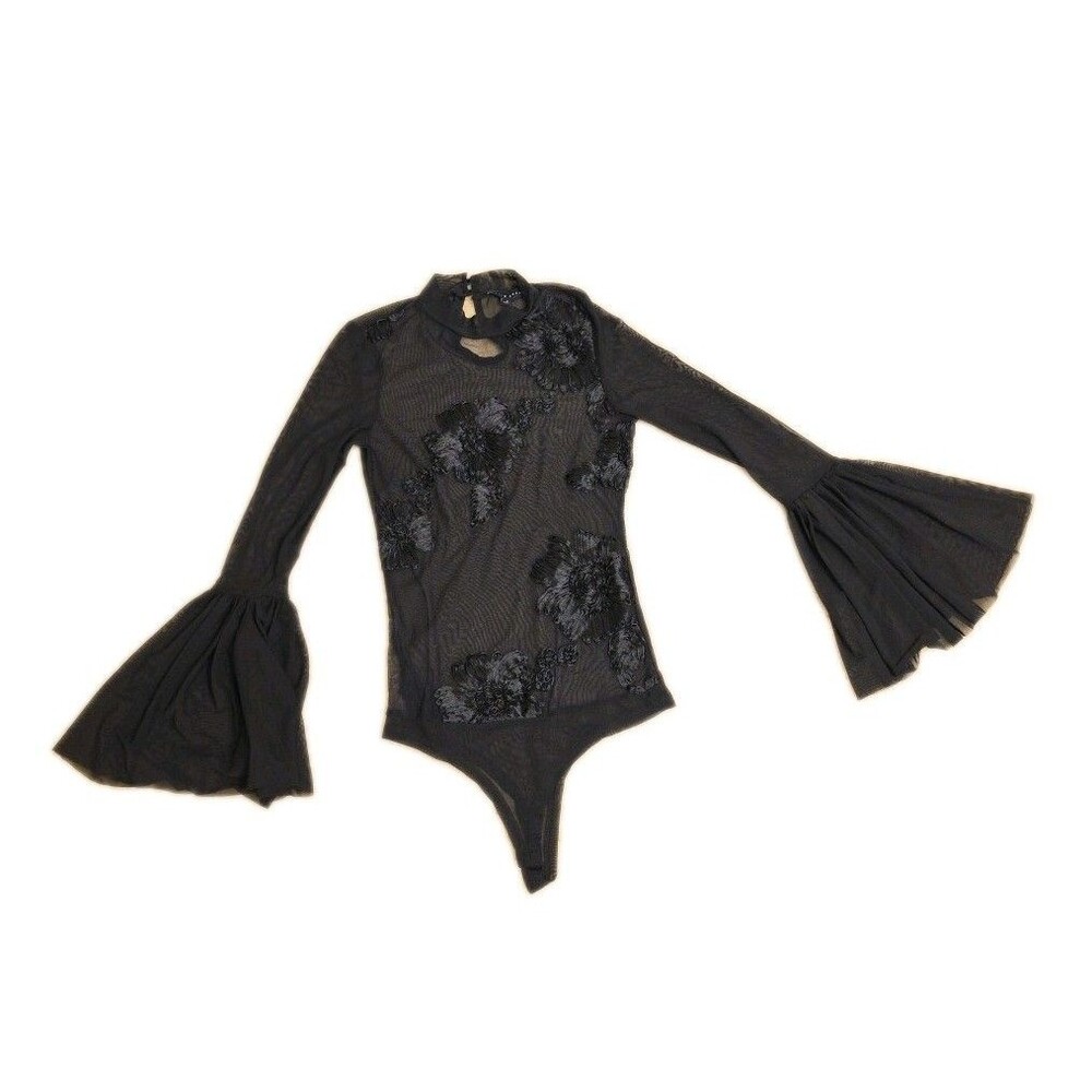 Haute Monde Womens Mesh Body Suit Size Small Black Flair Long Sleeve Goth Fairy